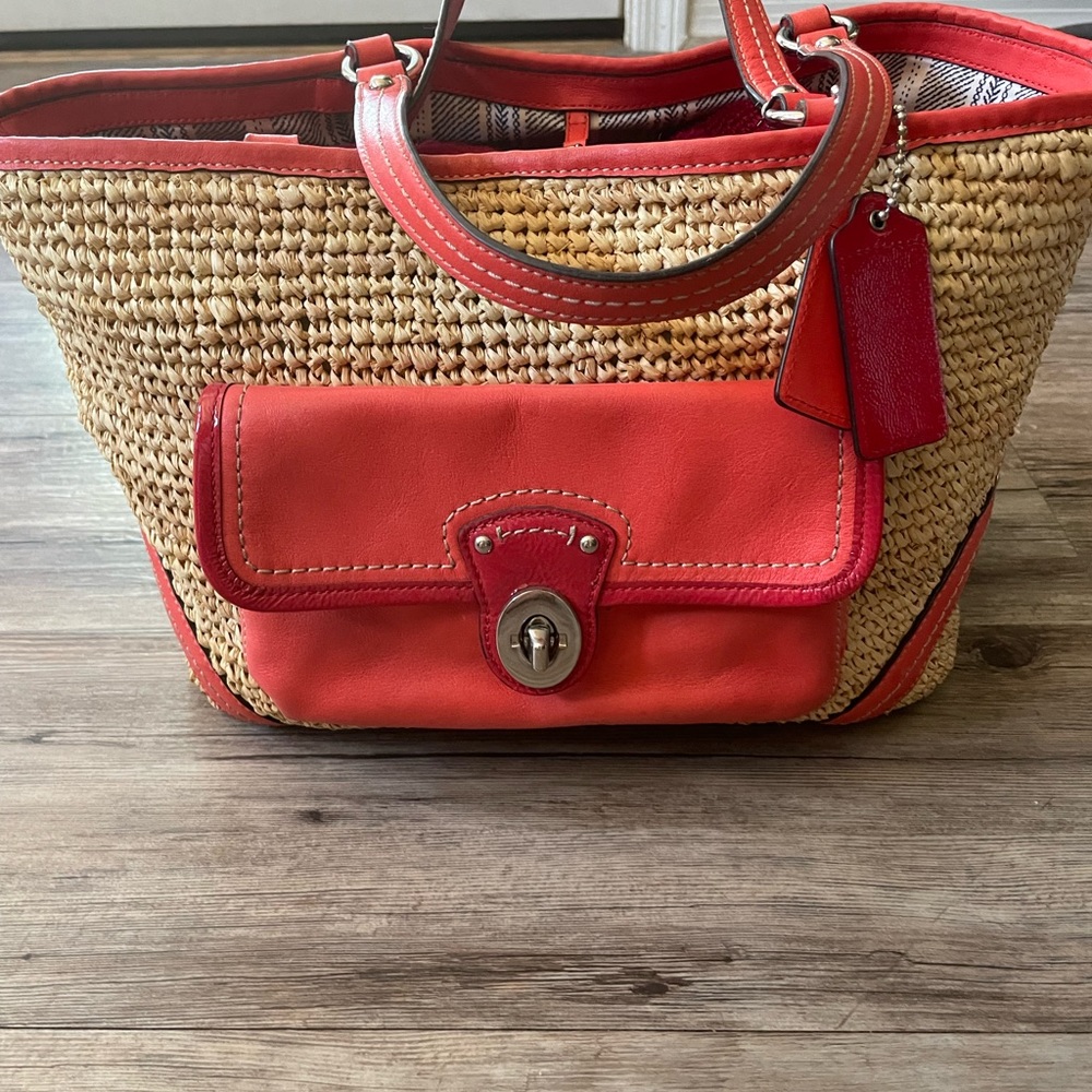 Coach Straw Tote with Coral Red Leather Trim